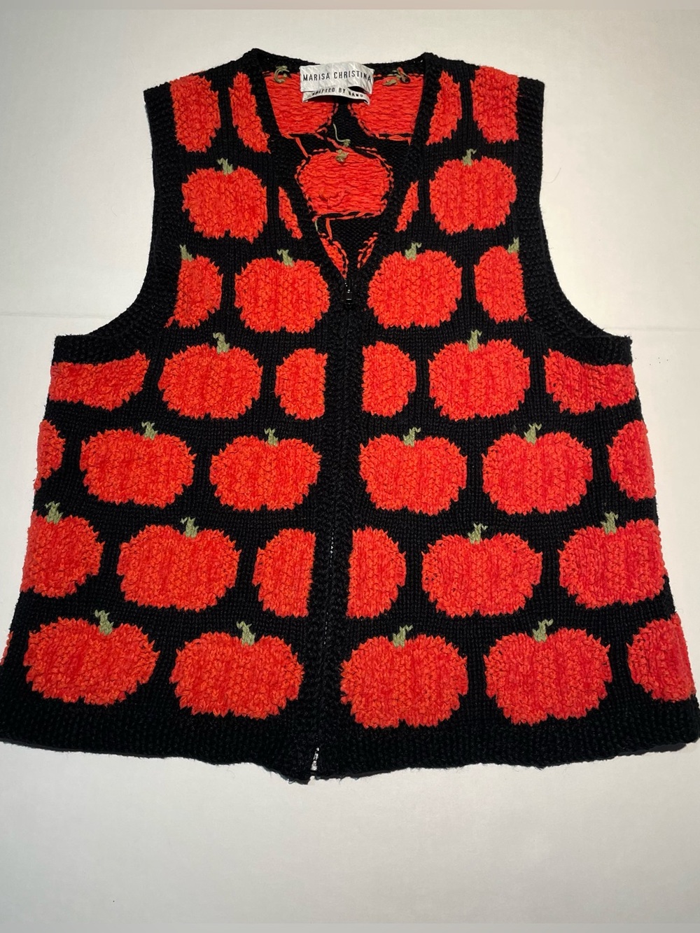 VTG Marisa Christina Pumpkin Knit Sweater Vest Zip Up Halloween Fall Novelty